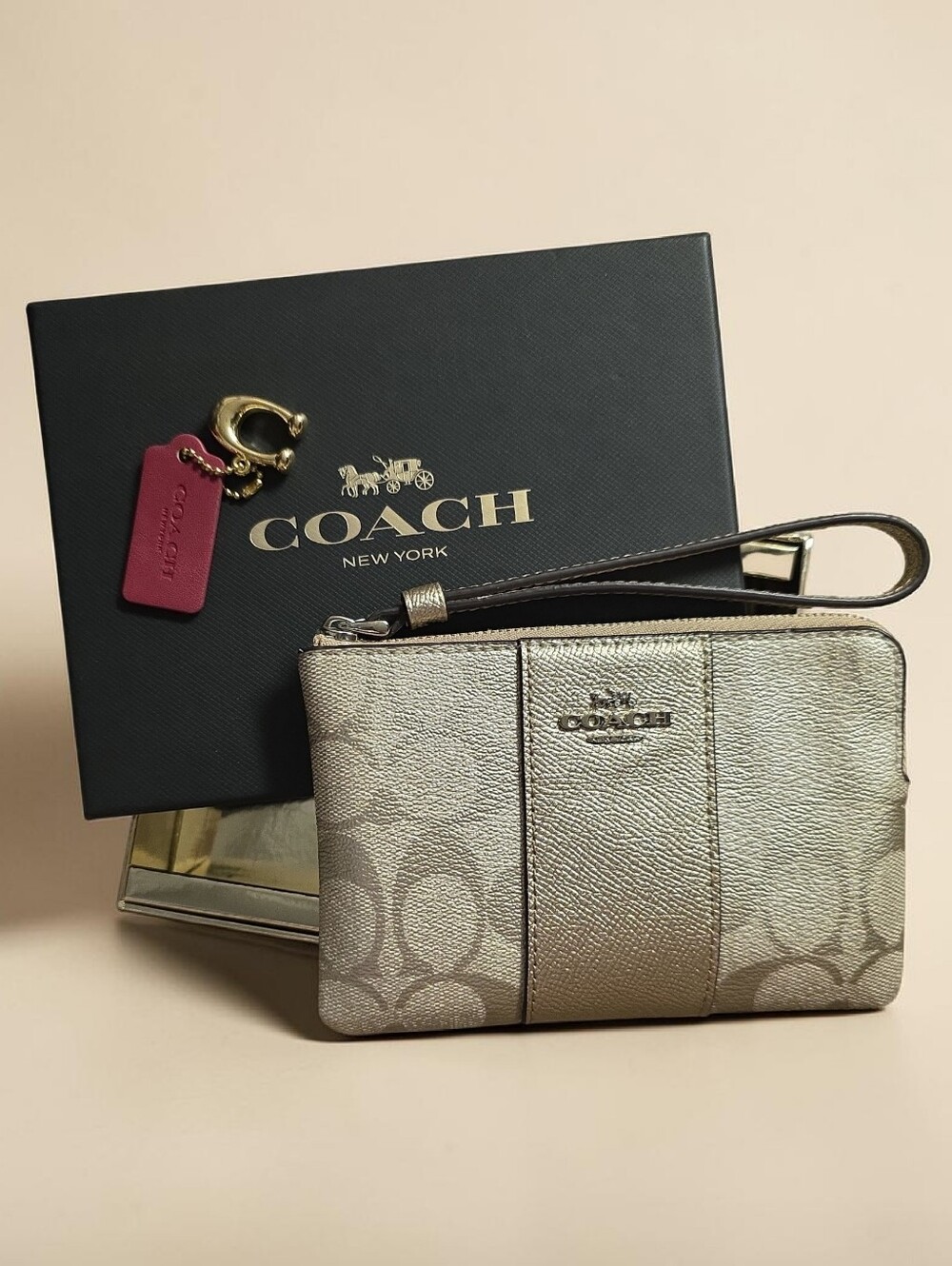 NIB Coach Metallic Gold and Tan Signature Wristlet With Bag Tag & charm